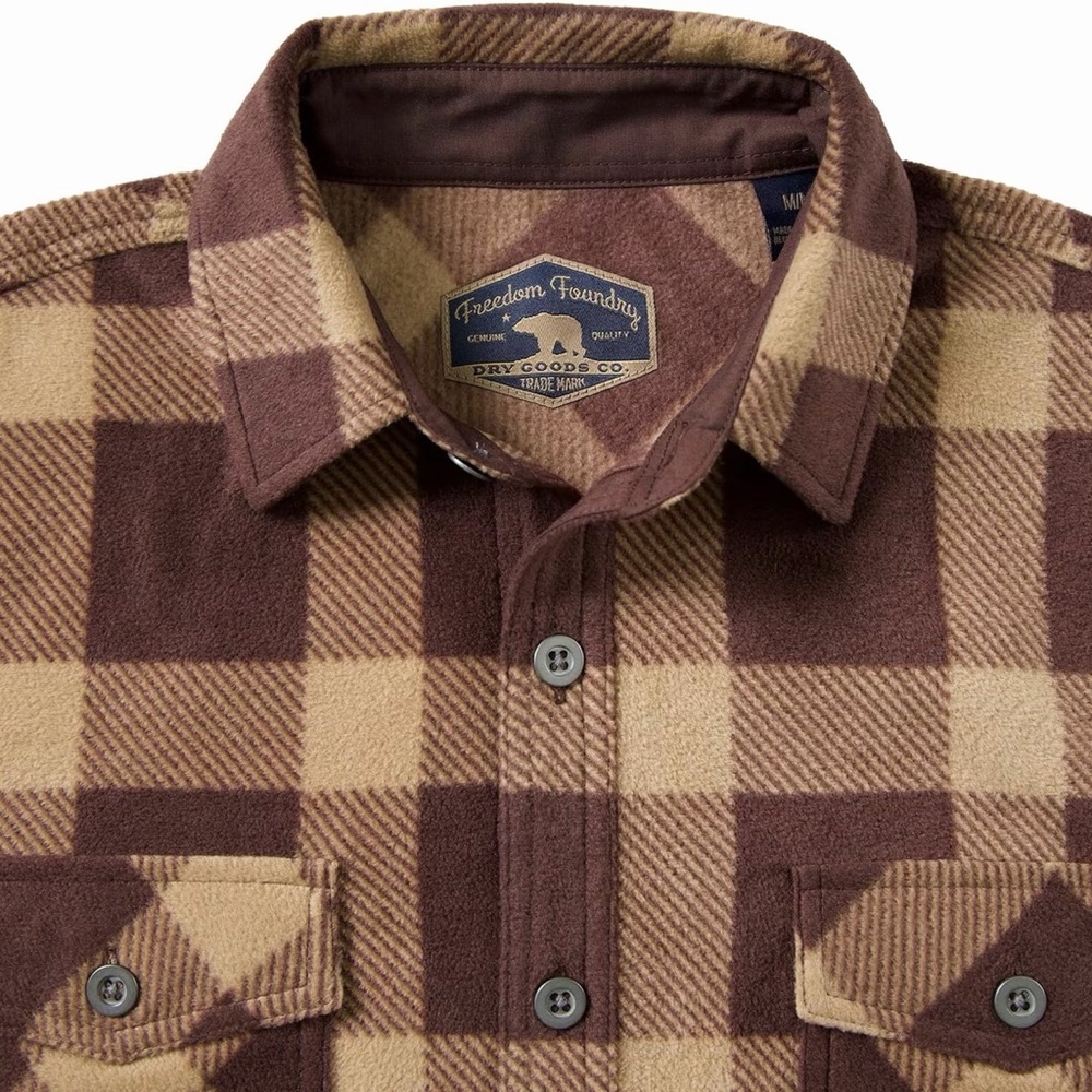 Freedom Foundry Men's Brown and Tan Plaid Fleece Button-Up Shirt, Sz M